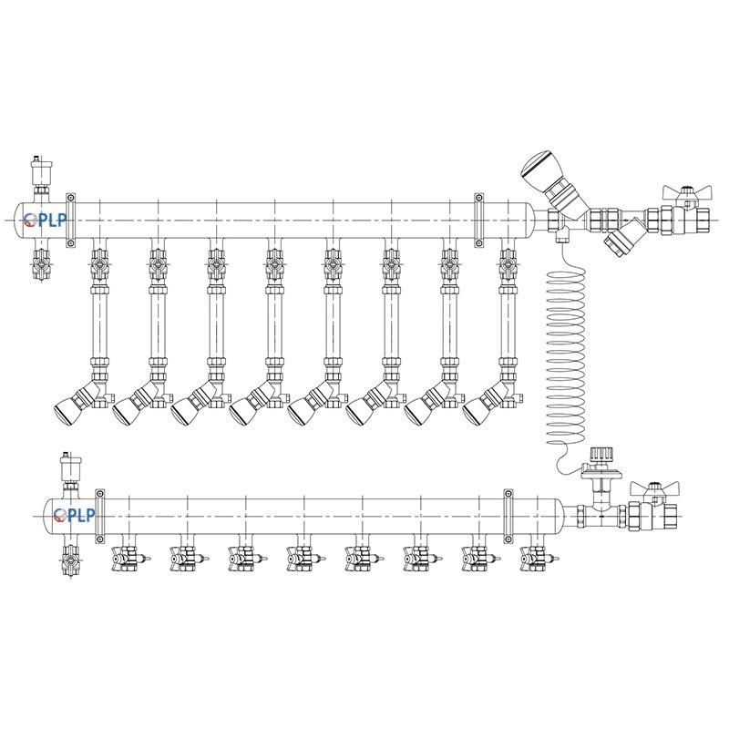 Узел коллекторный для отопления этажный с правым подключением на 8 выходов PLP УКЭО-П-25-Р25-А25-50СТ-100-8-15-Р15-ВП110-АВ-КД