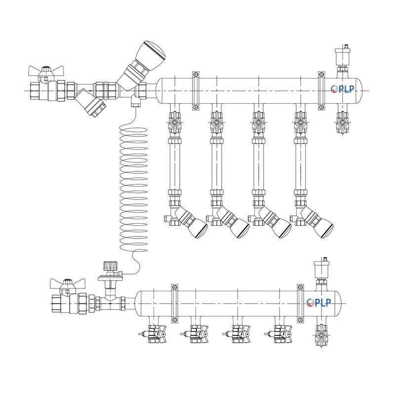 Узел коллекторный для отопления этажный с левым подключением на 4 выхода PLP УКЭО-Л-25-Р25-А20-50СТ-100-4-15-Р15-ВП110-АВ-КД