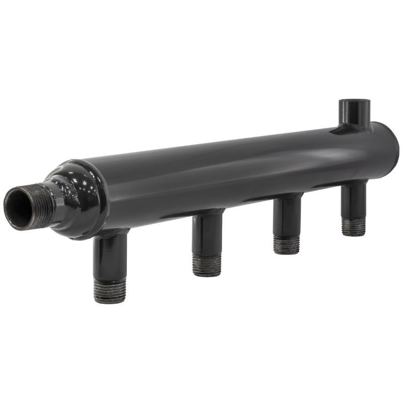 Коллектор распределительный стальной DN40 PN16 вход 40-20 12 выходов НР 3/4'' выход под кран Маевского и импульсную трубку, правосторонний PLP-1