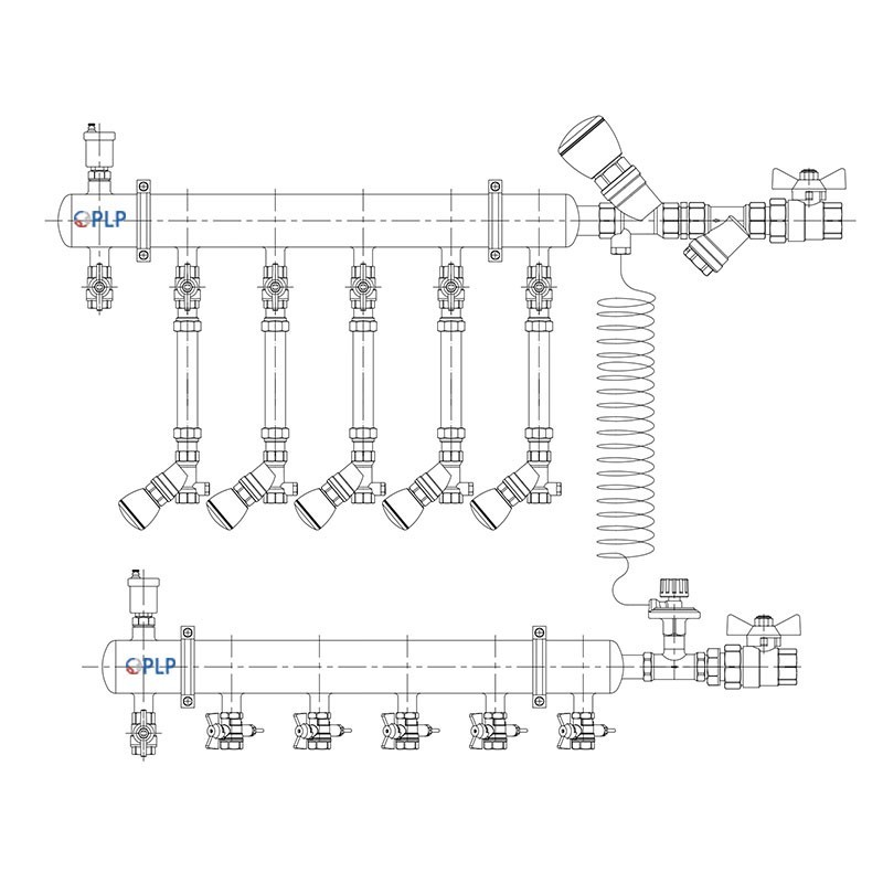 Узел коллекторный для отопления этажный с правым подключением на 5 выходов PLP УКЭО-П-25-Р25-А20-50СТ-100-5-15-Р15-ВП110-АВ-КД