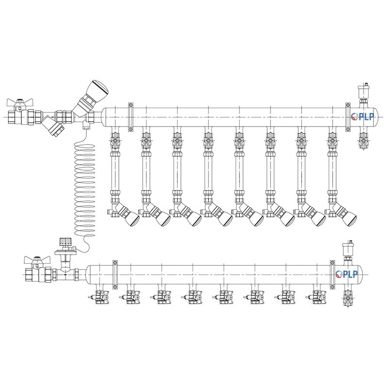 Узел коллекторный для отопления этажный с левым подключением на 8 выходов PLP УКЭО-Л-25-Р25-А25-50СТ-100-8-15-Р15-ВП110-АВ-КД