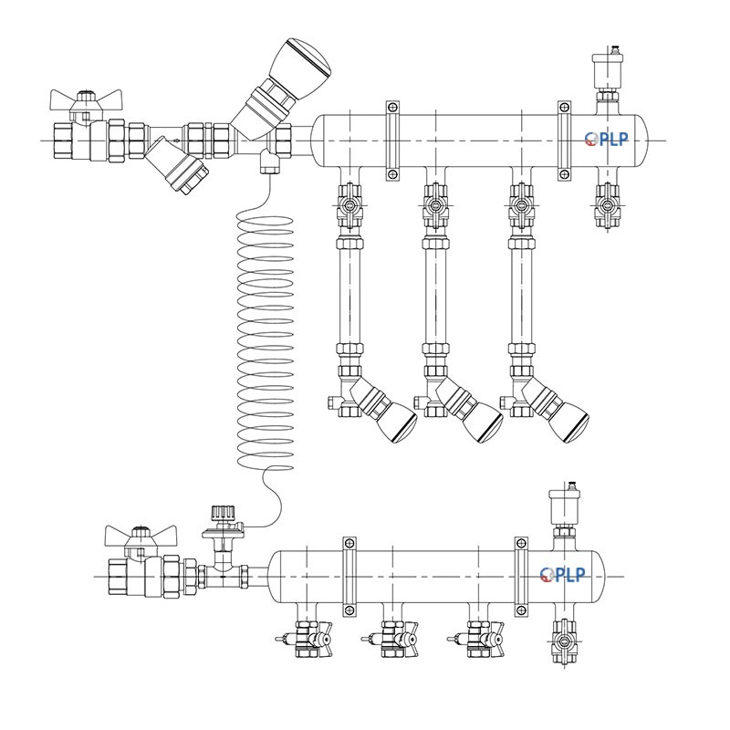 Узел коллекторный для отопления этажный с левым подключением на 3 выхода PLP УКЭО-Л-25-Р25-А15-50СТ-100-3-15-Р15-ВП110-АВ-КД