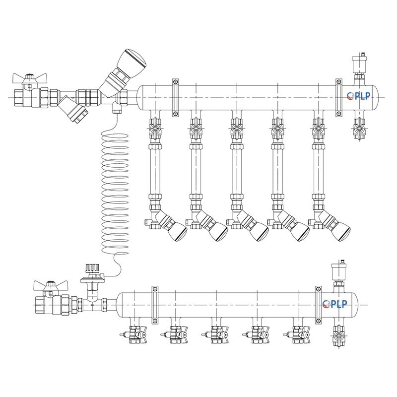Узел коллекторный для отопления этажный с левым подключением на 5 выходов PLP УКЭО-Л-25-Р25-А20-50СТ-100-5-15-Р15-ВП110-АВ-КД
