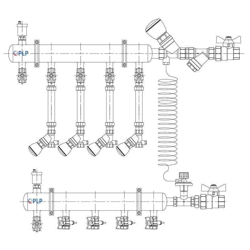 Узел коллекторный для отопления этажный с правым подключением на 4 выхода PLP УКЭО-П-25-Р25-А20-50СТ-100-4-15-Р15-ВП110-АВ-КД