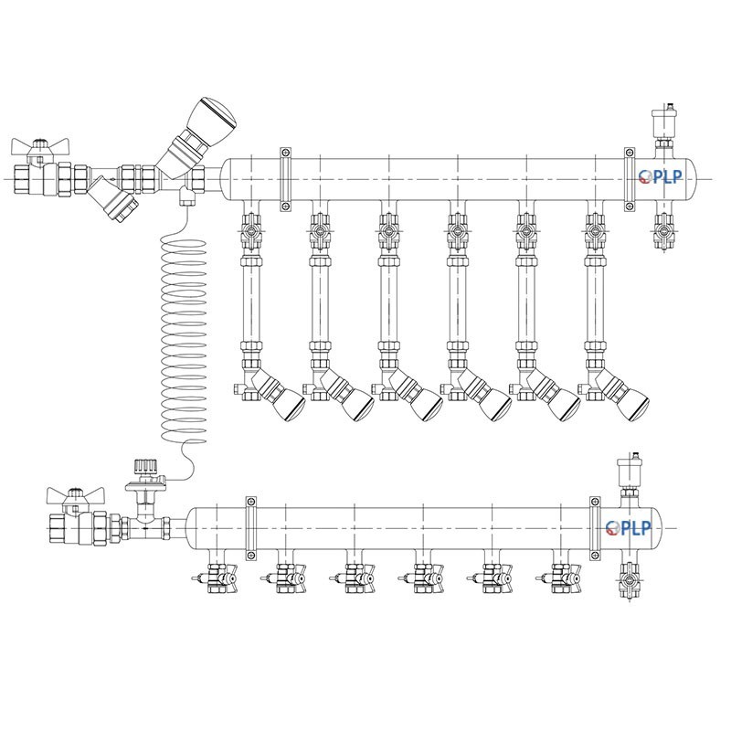 Узел коллекторный для отопления этажный с левым подключением на 6 выходов PLP УКЭО-Л-25-Р25-А20-50СТ-100-6-15-Р15-ВП110-АВ-КД