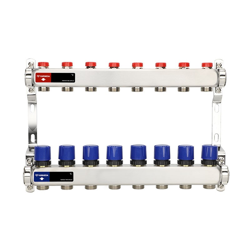 Коллекторная группа из нержавеющей стали DN 25-8 вых. G-3/4'', евроконус, без расходомеров, без дренажного крана и воздухоотводчика, VARMEGA VM15508
