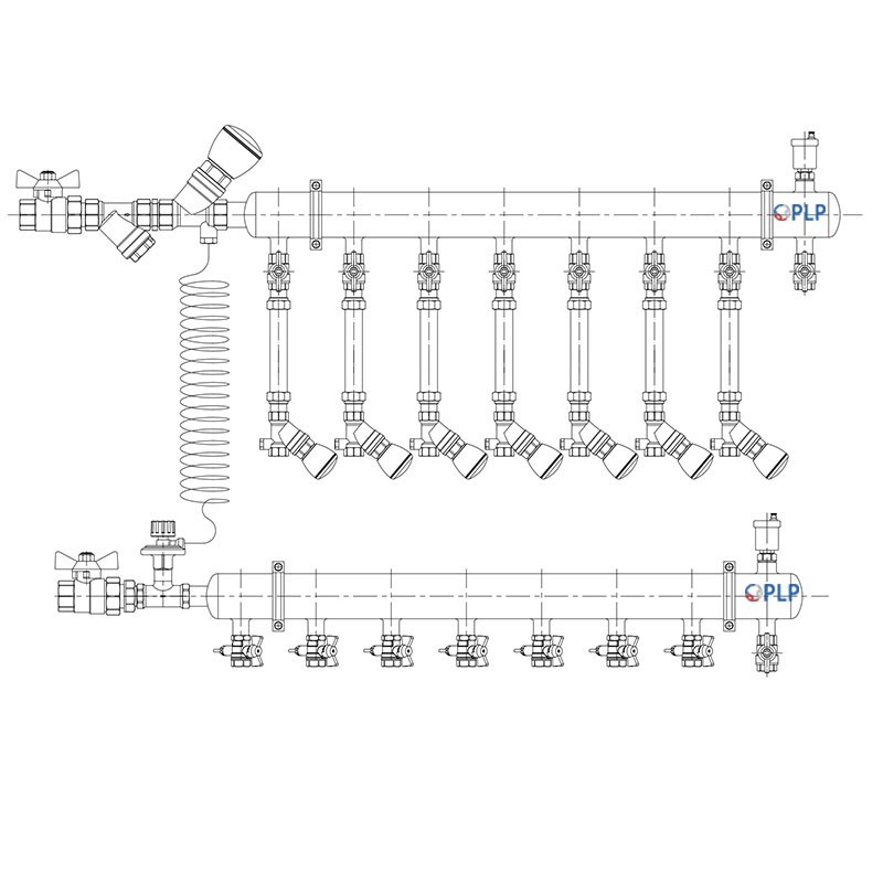 Узел коллекторный для отопления этажный с левым подключением на 7 выходов PLP УКЭО-Л-25-Р25-А20-50СТ-100-7-15-Р15-ВП110-АВ-КД