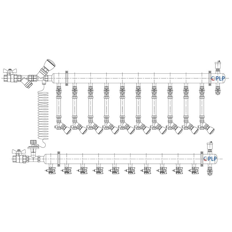 Узел коллекторный для отопления этажный с левым подключением на 10 выходов PLP УКЭО-Л-25-Р25-А25-50СТ-100-10-15-Р15-ВП110-АВ-КД