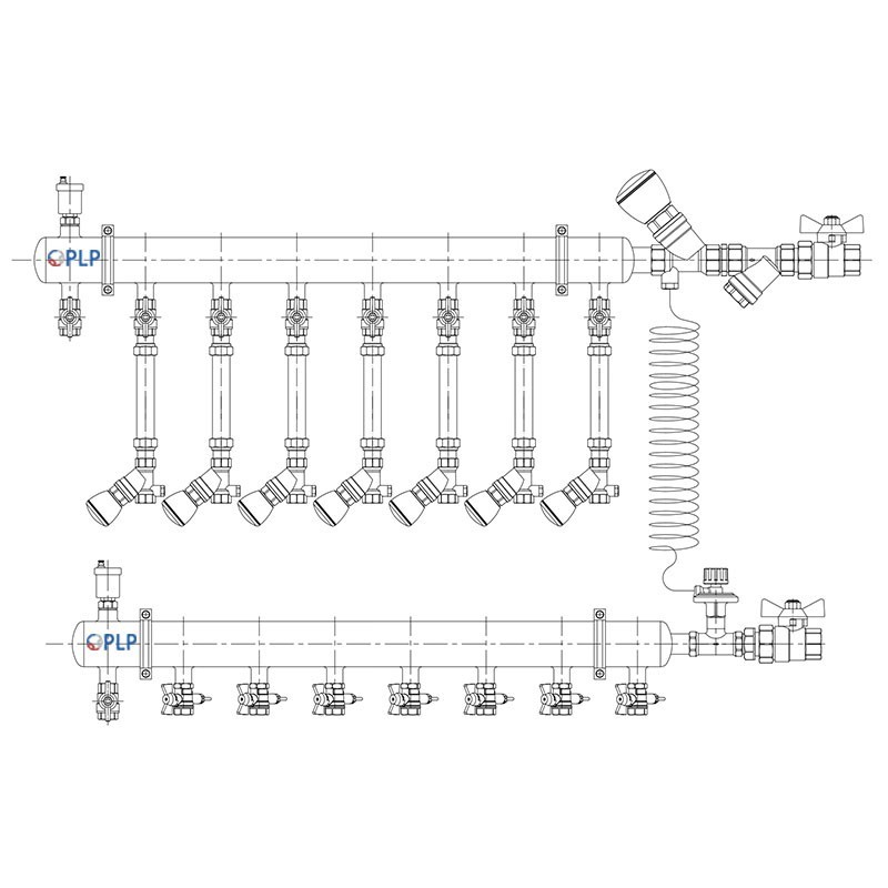 Узел коллекторный для отопления этажный с правым подключением на 7 выходов PLP УКЭО-П-25-Р25-А20-50СТ-100-7-15-Р15-ВП110-АВ-КД