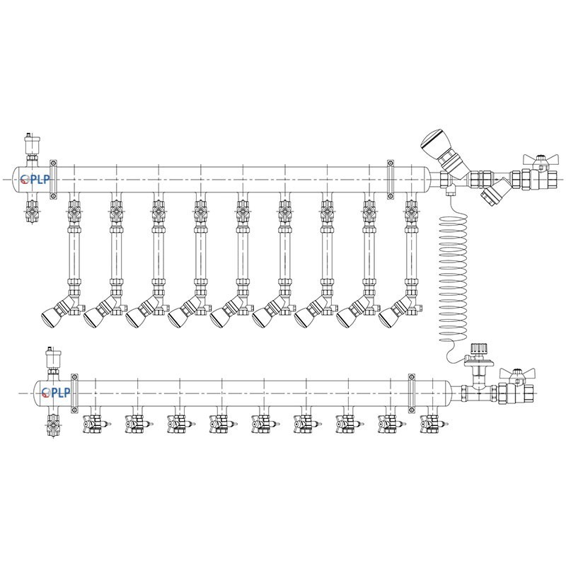 Узел коллекторный для отопления этажный с правым подключением на 9 выходов PLP УКЭО-П-25-Р25-А25-50СТ-100-9-15-Р15-ВП110-АВ-КД